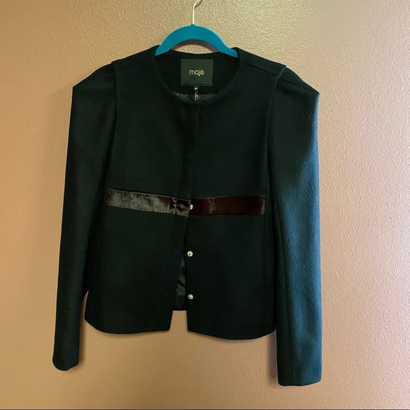 Maje black wool blazer with burgundy fur band size 40 EUR...